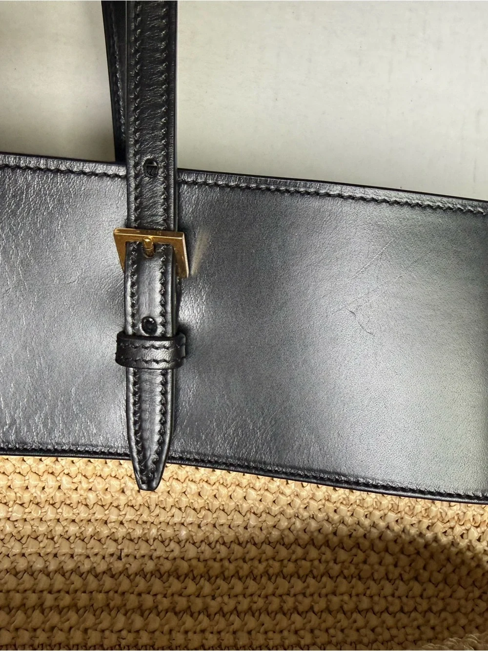 Authentic Saint Laurent Black & Natural Boucle Raffia Tote Bag with Dust Bag